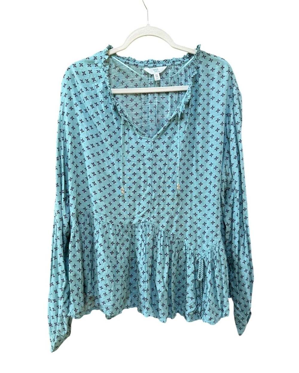 Time and Tru Women's Geo Print Long Sleeve Peplum Blouse with Tie Neck